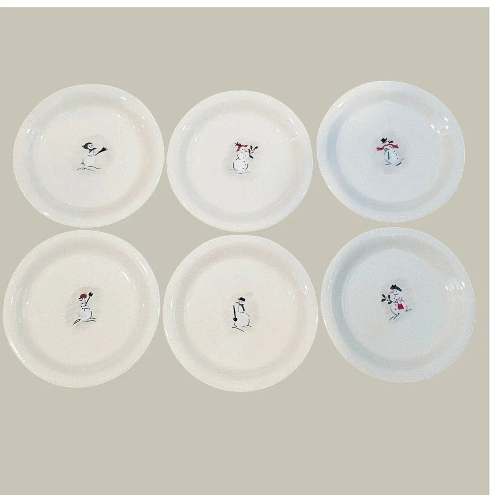 Vintage Williams Sonoma Snowman Dessert Plates Set of 6 Assorted Holiday White